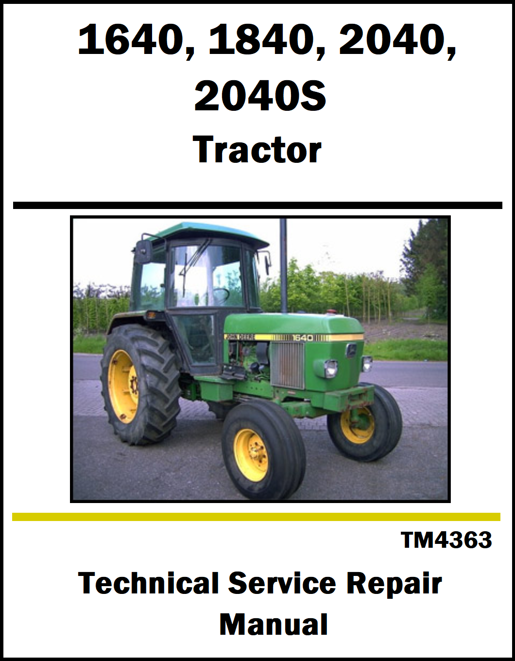 Green tractor on a white background with text about technical service repair manual for John Deere tractors.