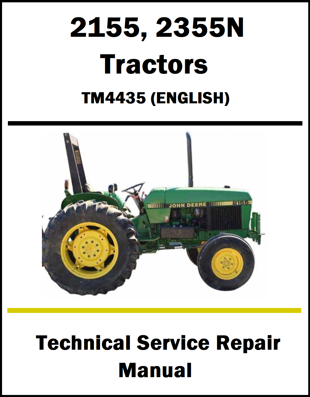 A technical service repair manual cover for John Deere 2155 and 2355N tractors, model TM4435 in English. The cover features a green John Deere tractor with yellow wheels on a white background, with black and yellow text.