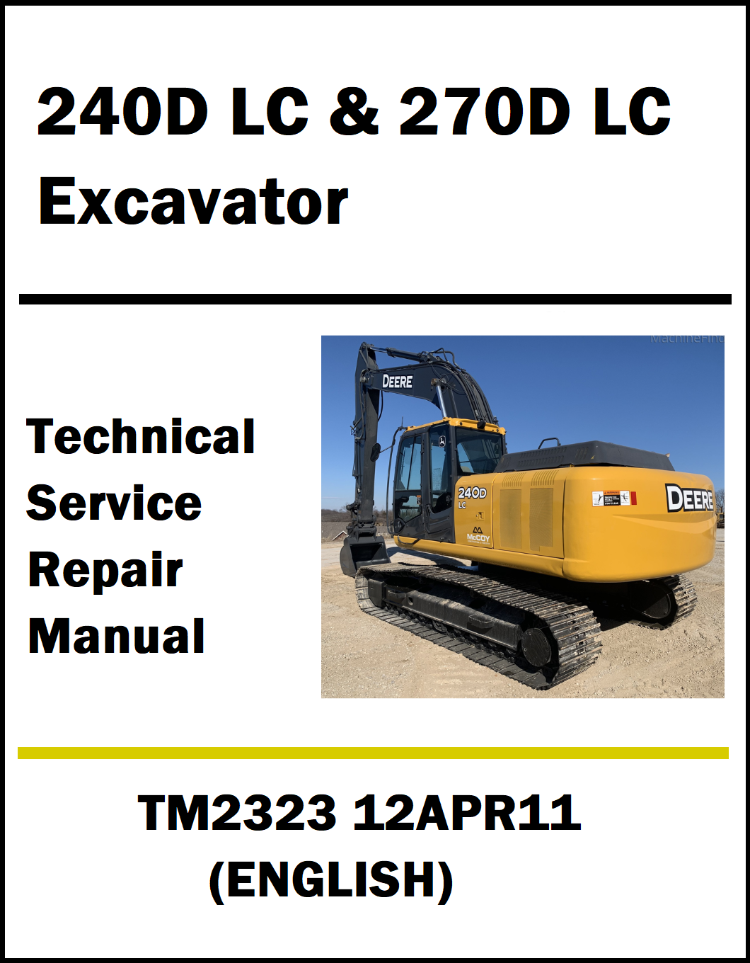 Technical service repair manual cover for Deere 240D LC & 270D LC Excavator with a photo of an excavator.