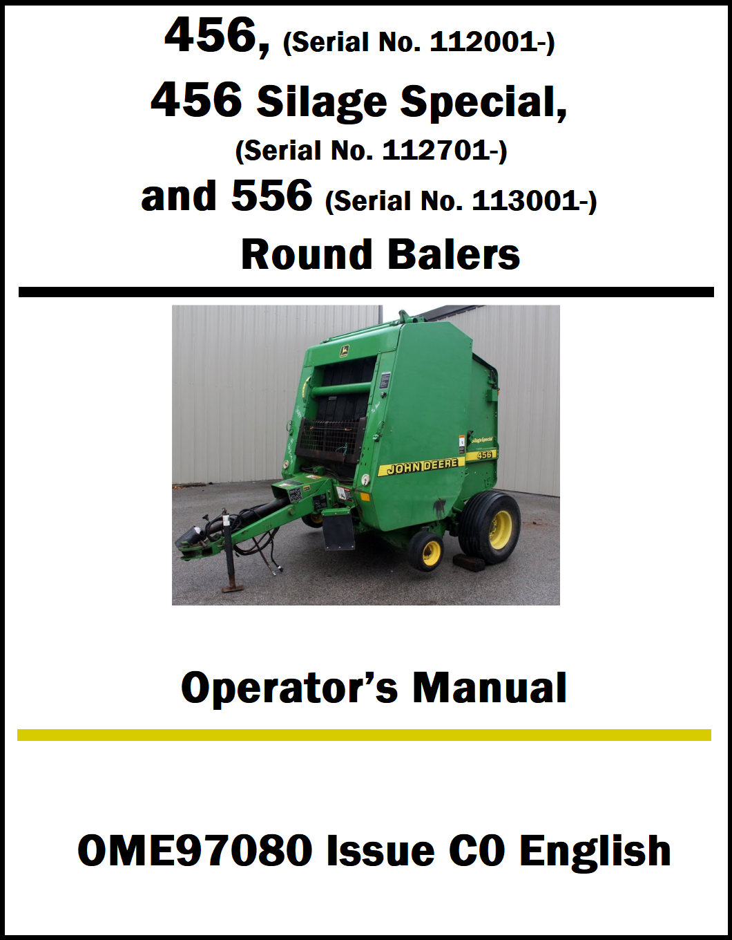 Operator's manual cover for John Deere balers with a green baler image on a white background.
