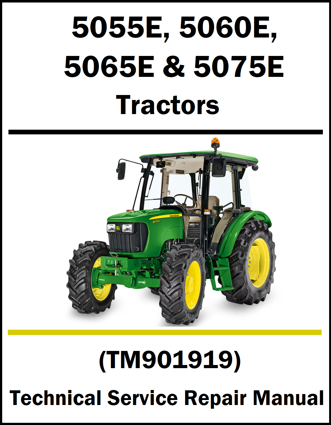 A cover-style graphic for a John Deere tractor technical service repair manual, listing model numbers 5055E, 5060E, 5065E & 5075E, with a green and yellow tractor photo on a white background and black text.