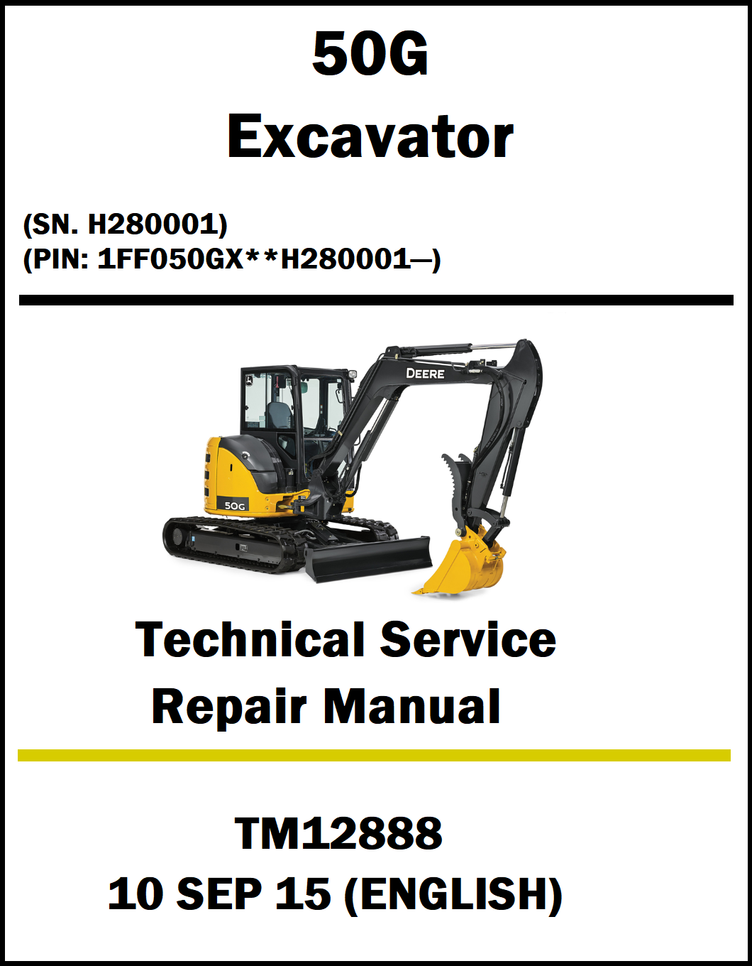 Technical service repair manual cover for a 50G Excavator with a yellow excavator on a white background.