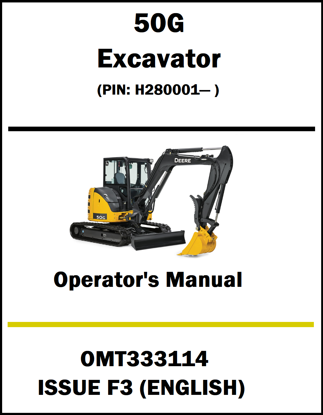 Operator's manual cover for a 50G Excavator with a picture of the excavator on a white background.