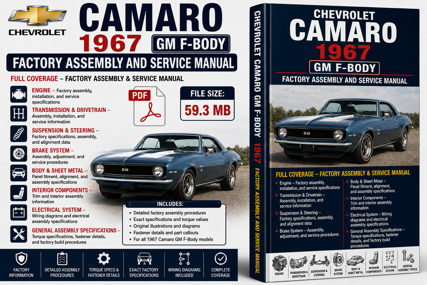 Chevrolet Camaro 1967 GM F-Body Factory Assembly and Service Manual PDF cover and spine view, showing a blue Camaro car, feature icons, file size 59.3 MB, and included sections.