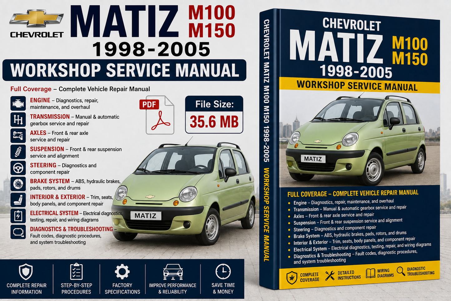 Chevrolet Matiz M100 M150 1998-2005 Workshop Service Manual PDF cover and book mockup, with a light green car illustration and product details including file size 35.6 MB.