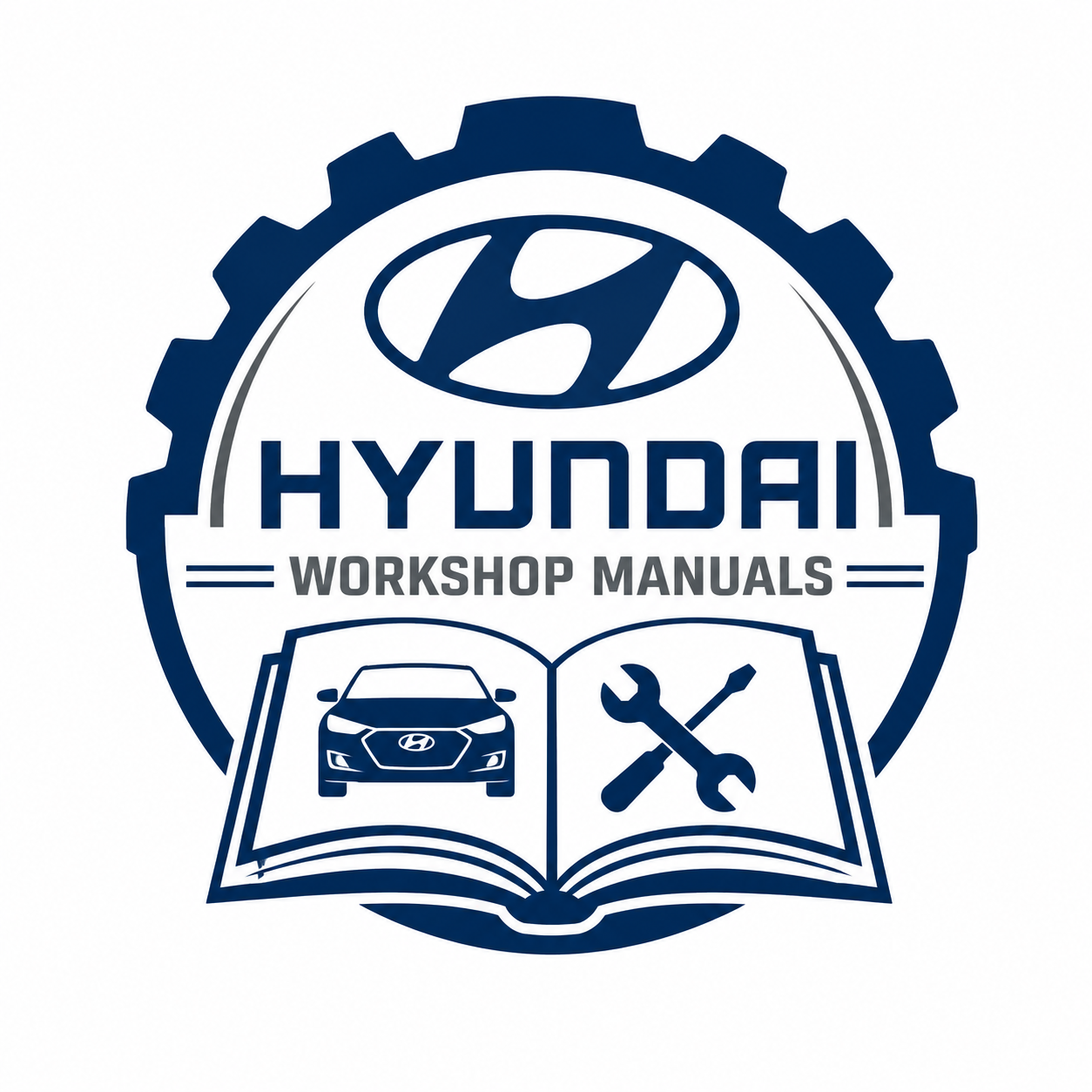 Hyundai Workshop Manuals logo featuring a gear, open service manual, car, and repair tools representing factory service and repair manuals in PDF format.