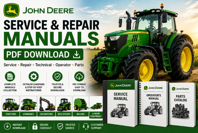 John Deere service and repair manuals PDF download banner featuring tractor, operator, technical, and parts manuals.