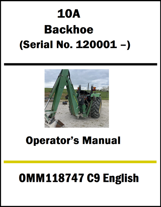 Operator's manual cover for a 10A Backhoe with a photo of the equipment on a white background.