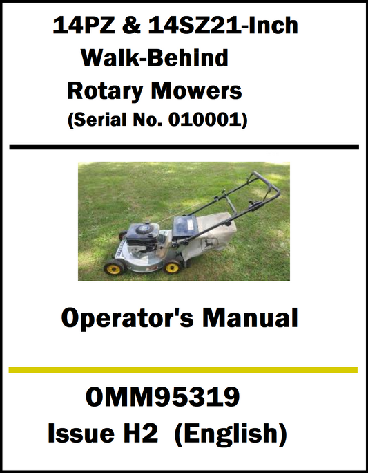 Operator's manual cover for walk-behind rotary mowers with a photo of a mower on grass.