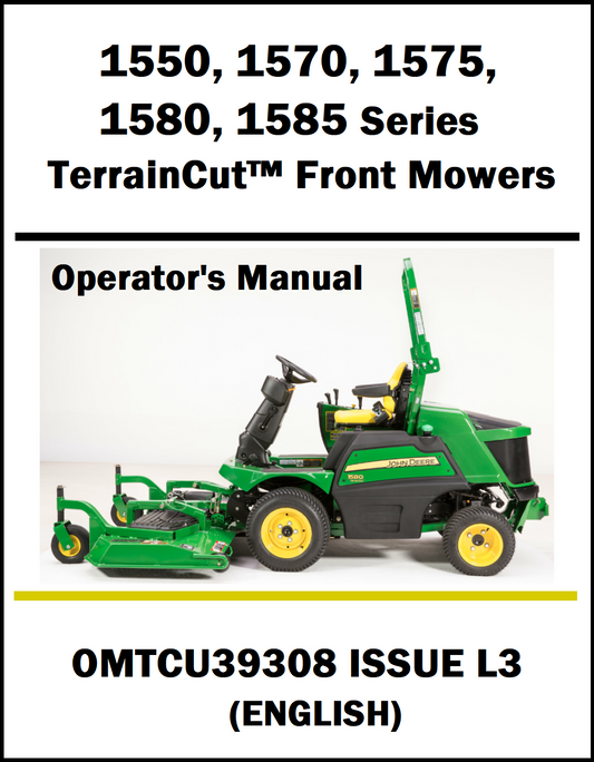 Operator's manual cover for John Deere terrain cut front mowers with a green lawn mower on a white background.