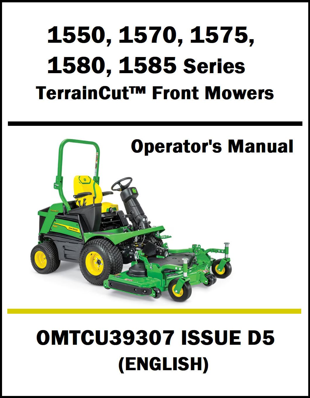 Operator's manual cover for John Deere terrain cut front mowers with a green and yellow lawn mower illustration.