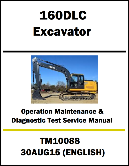 Service manual cover for Deere 160DLC Excavator with a photo of the excavator on a white background.