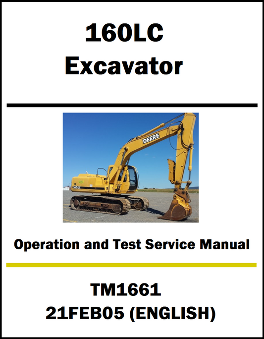 Manual cover for Deere 160LC Excavator Operation and Test Service Manual with a yellow excavator on a white background.