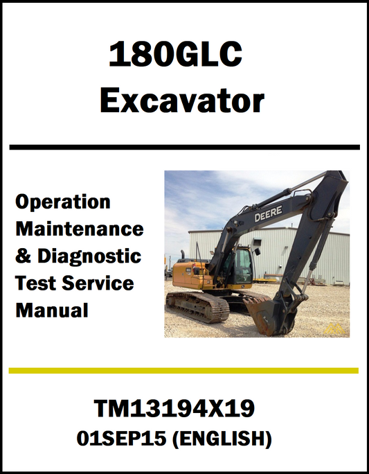 Service manual cover for John Deere 180GLC Excavator with an image of the excavator on a white background.
