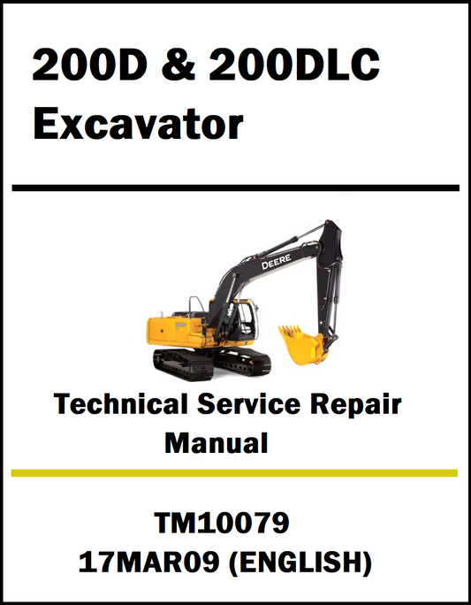 Technical service repair manual cover for John Deere 200D and 200DLC excavator with a yellow excavator illustration on a white background.