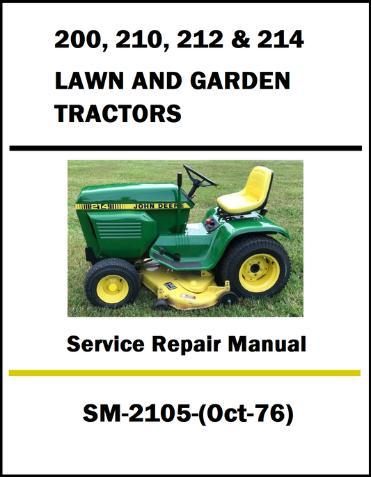 Service repair manual cover for John Deere lawn and garden tractors with a green tractor on a white background.