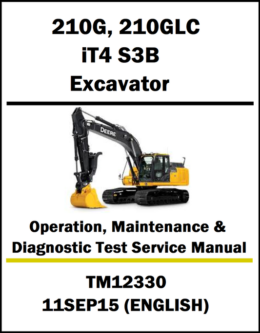 Manual cover for Deere 210G, 210GLC IT4 S3B Excavator with a yellow excavator illustration on a white background.