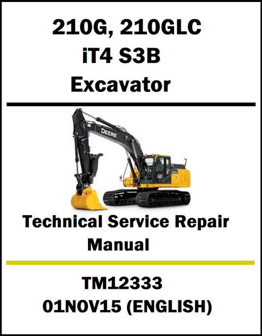 Technical service repair manual cover for Deere 210G, 210GLC IT4 S3B excavator with a yellow excavator illustration.