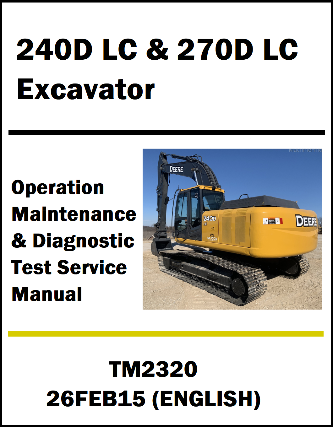 Service manual cover for Deere 240D LC & 270D LC Excavator with a photo of an excavator on a white background.
