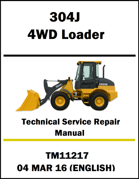 Cover of a technical service repair manual for a 304J 4WD Loader with a yellow loader illustration on a white background.