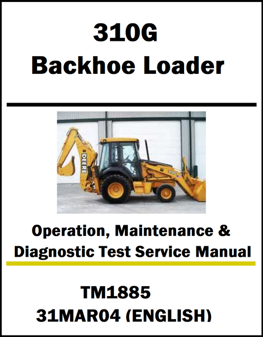 Manual for John Deere 310G Backhoe Loader with a photo of the loader on a white background.