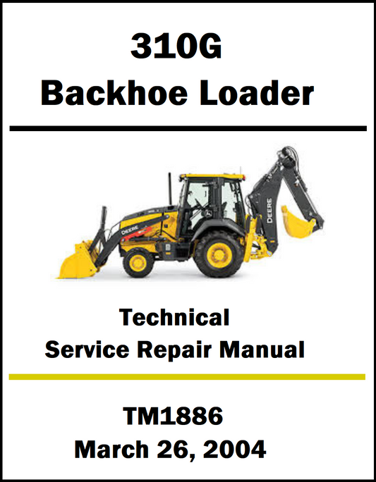 Technical service repair manual for Caterpillar 310G Backhoe Loader with a yellow backhoe loader illustration on a white background.
