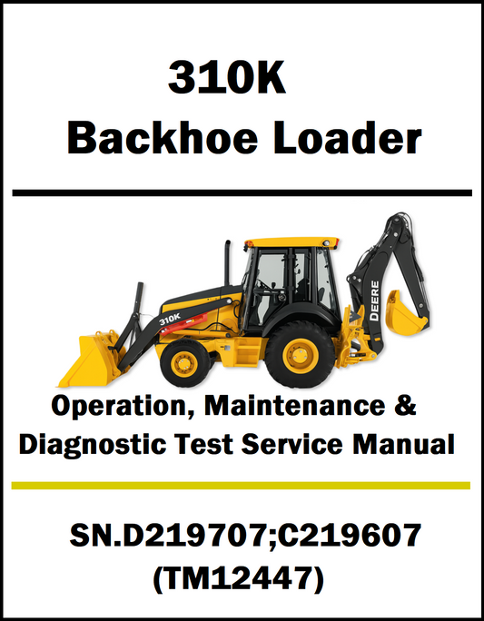 Manual cover for 310K Backhoe Loader with illustration and text on a white background