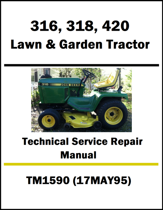 Technical service repair manual for John Deere lawn and garden tractors with a tractor image on a white background.