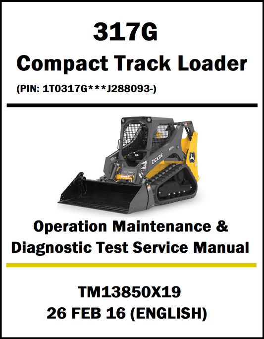 Service manual cover for John Deere 317G Compact Track Loader with technical specifications.
