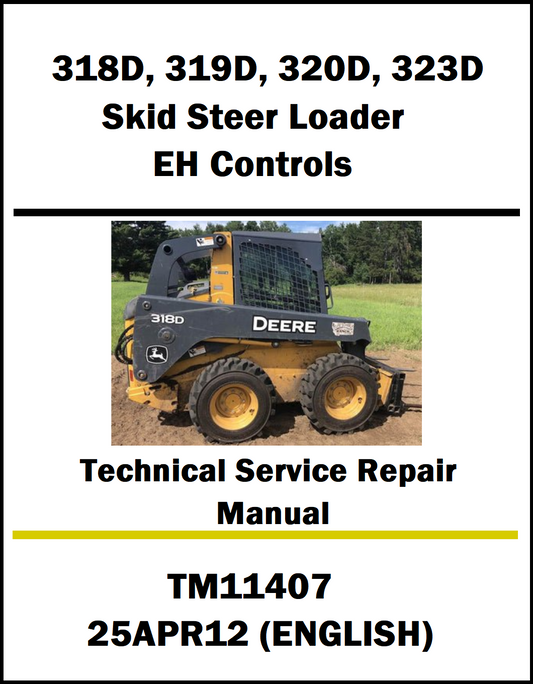 Technical service repair manual cover for John Deere skid steer loaders with a photo of a 318D loader.