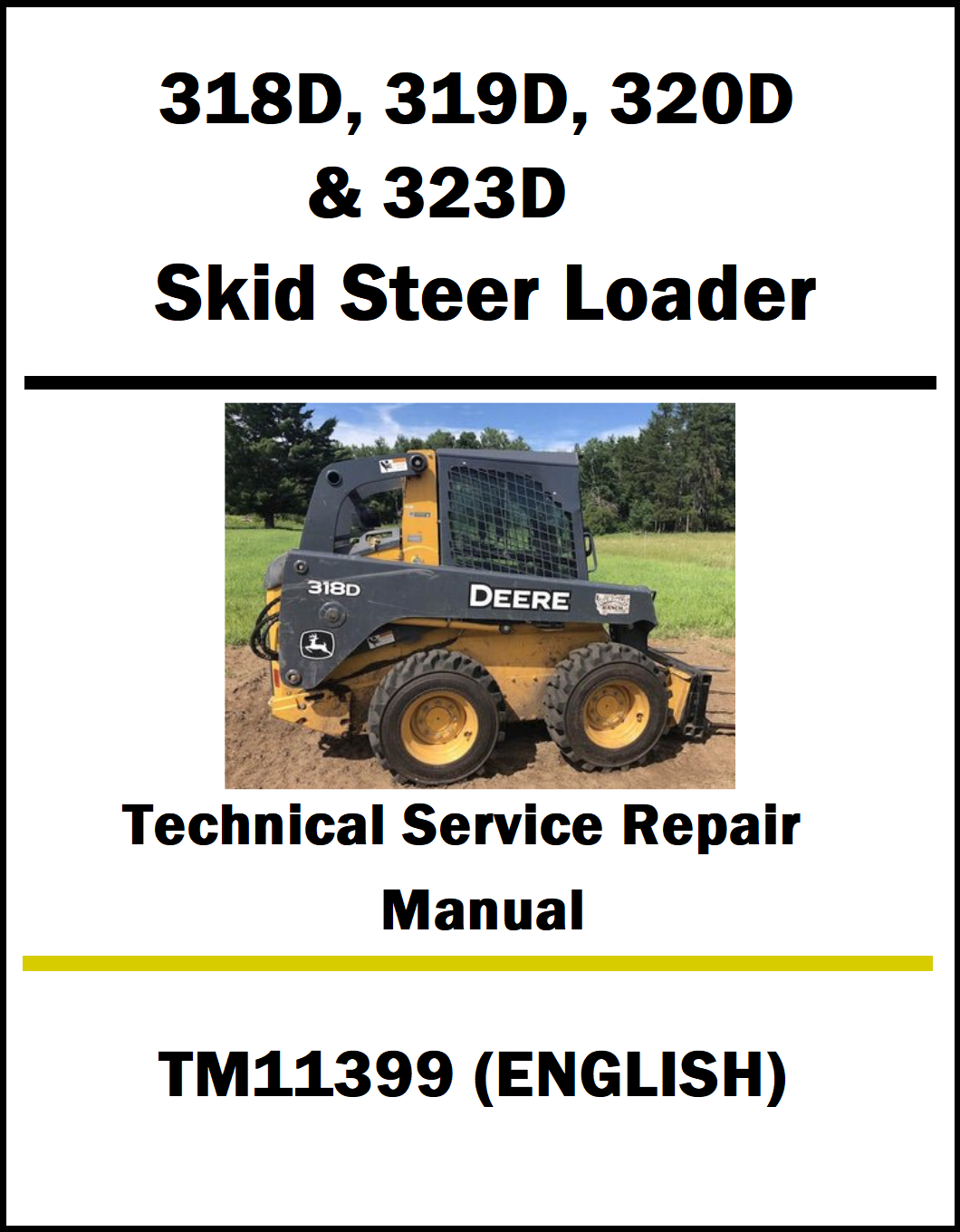 Service manual cover for John Deere skid steer loaders with a loader image on a white background.
