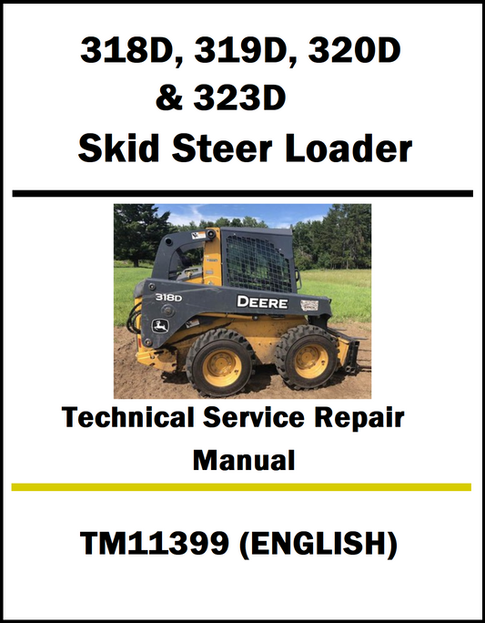 Service manual cover for John Deere skid steer loaders with a loader image on a white background.