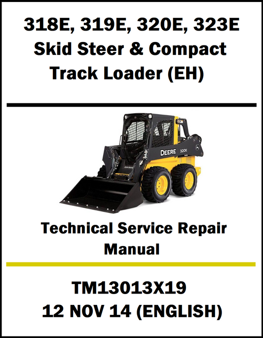 Technical service repair manual cover for Deere skid steer and compact track loader with product image and text details.