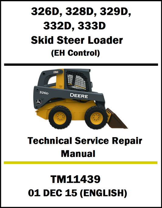 Cover of a technical service repair manual for John Deere skid steer loaders with model numbers and control details.