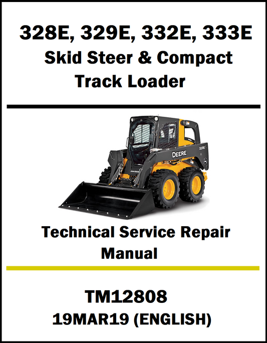 Technical service repair manual cover for Deere skid steer and compact track loader with product image and text.