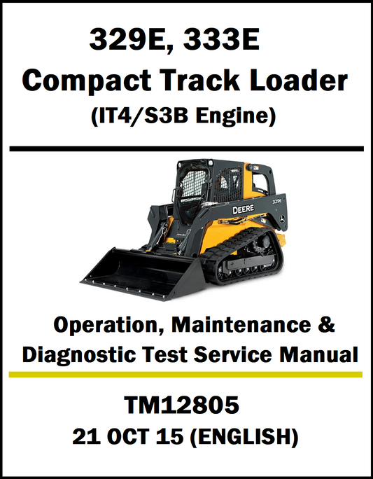 Service manual cover for John Deere 329E and 333E compact track loaders with IT4/S3B engine.