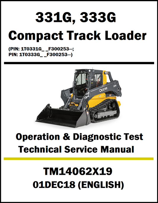 Technical service manual for John Deere 331G and 333G compact track loaders on a white background.