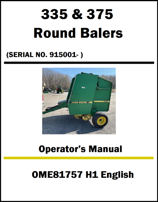 Operator's manual cover for John Deere 335 & 375 Round Balers with a photo of the baler.