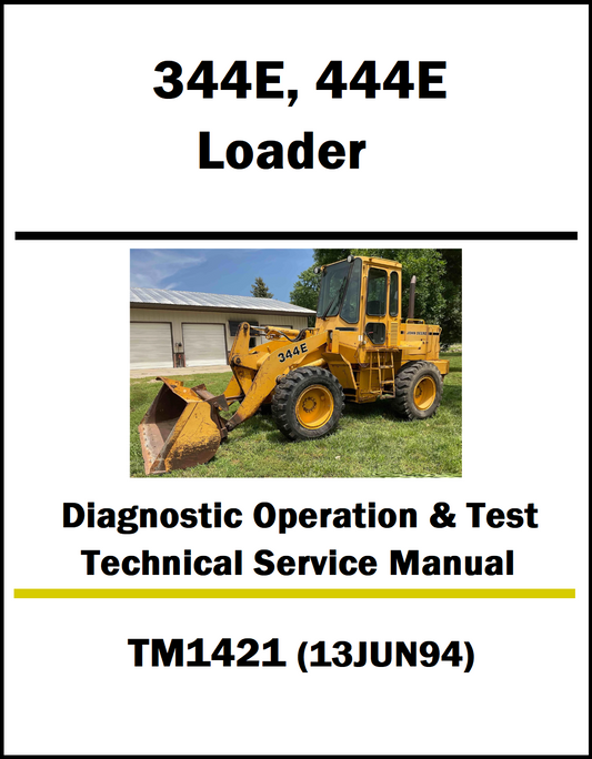 Cover of a technical service manual for 344E and 444E loaders with an image of a loader on a white background.