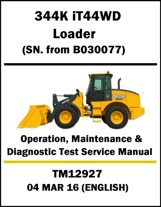 Service manual cover for John Deere 344K IT44WD loader with a yellow loader illustration on a white background.