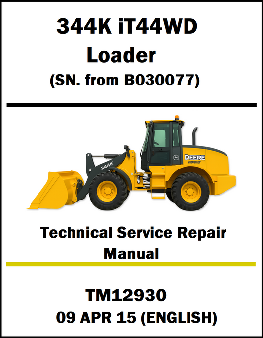 Service manual cover for John Deere 344K IT44WD Loader with technical specifications.