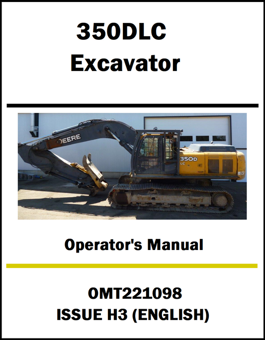 Operator's manual cover for 350DLC Excavator with John Deere excavator image.