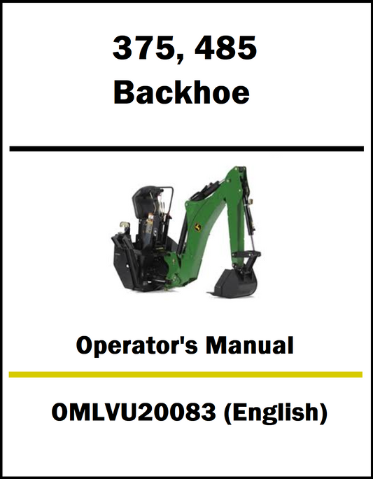 Operator's manual cover for John Deere 375 and 485 backhoe with a green backhoe illustration on a white background.