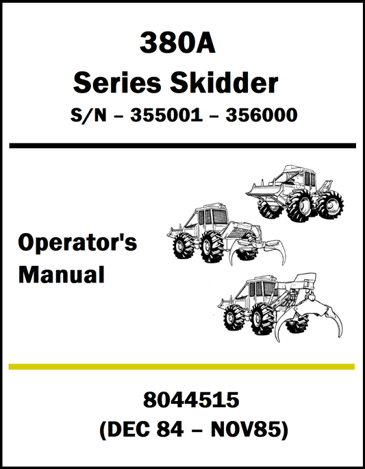 Operator's manual cover for 380A Series Skidder with illustrations and text.