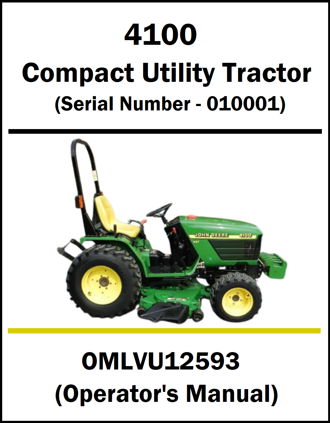 A cover-style graphic for a John Deere 4100 compact utility tractor operator's manual, showing a green tractor with yellow wheels on a white background with black and yellow text.