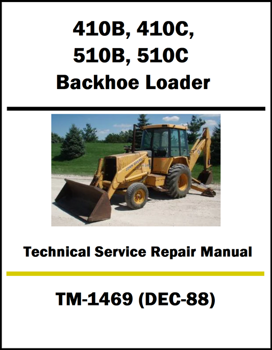 Technical service repair manual cover for 410B, 410C, 510B, 510C backhoe loader with a photo of a backhoe loader on a white background.