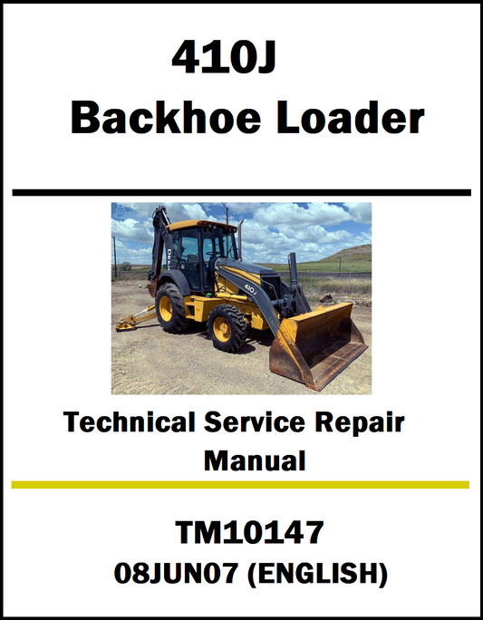 Technical service repair manual for 410J Backhoe Loader with a picture of the loader on a white background.