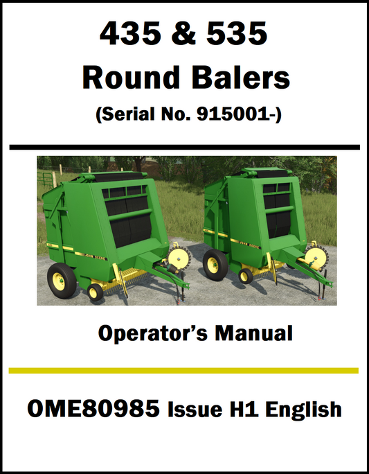 Operator's manual cover for John Deere 435 and 535 round balers with a photo of the balers on a white background.