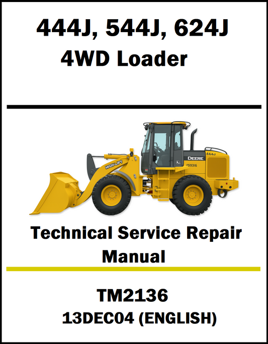 Service manual cover for John Deere 4WD loaders with a yellow loader illustration on a white background.