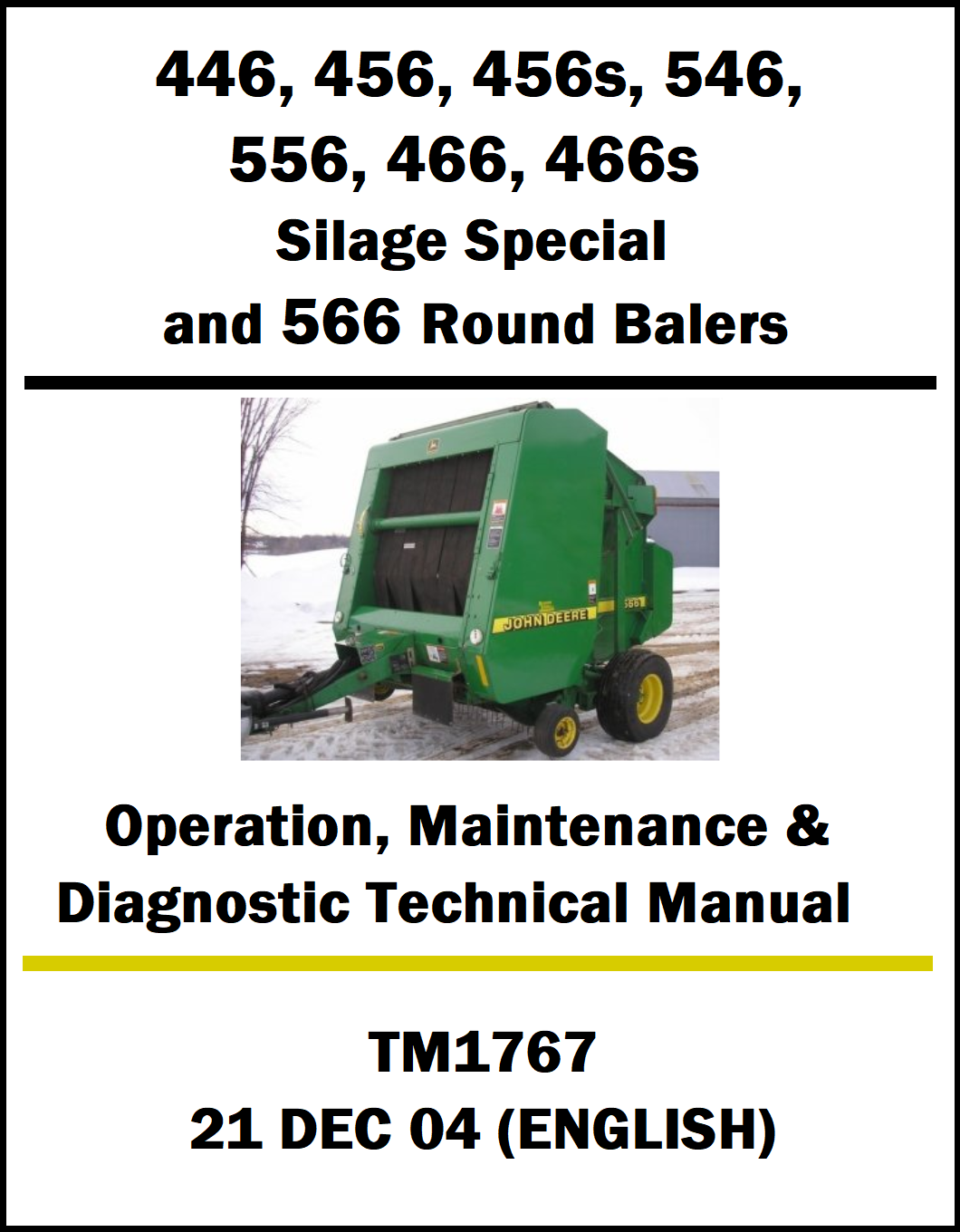 Manual cover for John Deere balers with text and image of a green baler.